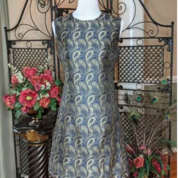 Navy Blue & Gold Paisley Brocade Sheath Dress - Picture 3 of 8